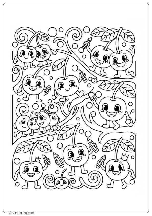 Cherry coloring pages with smiling cherry characters