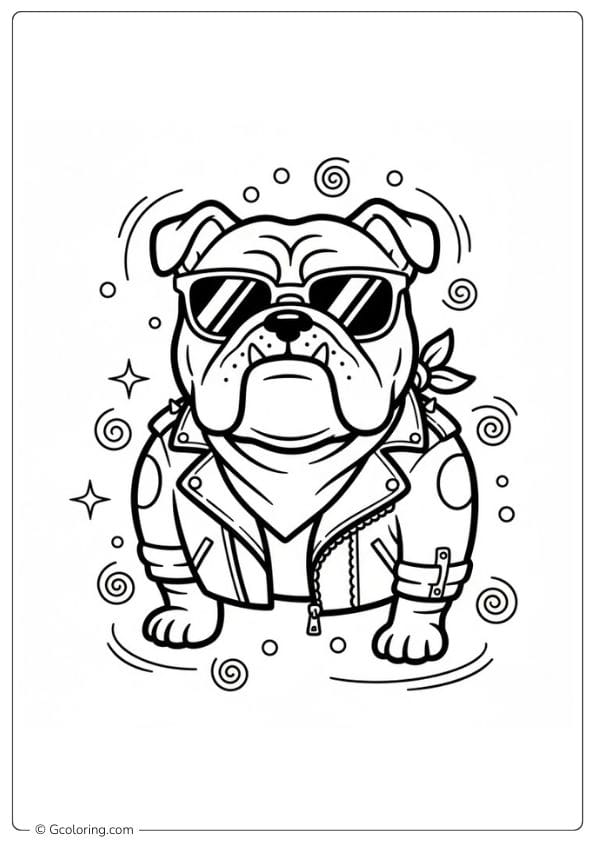 Cool bulldog coloring page wearing a leather jacket