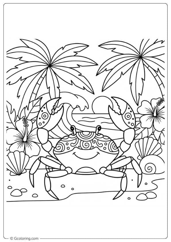 Crab coloring pages in tropical style