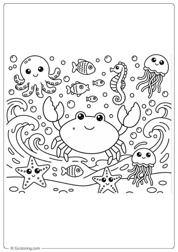 Crab coloring pages with ocean animals