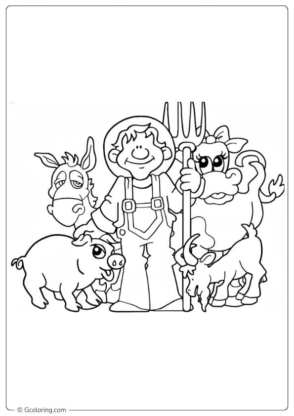 Cute Farm Animals Coloring Pages Pig, Cow, Donkey and Goat