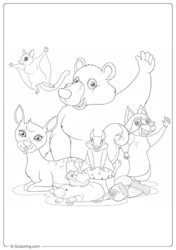 Cute Forest Animals Coloring Pages Playful Bear and Friends