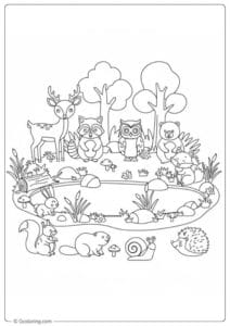 Cute Forest Animals Coloring Pages by the Lake