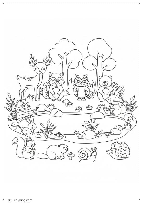 Cute Forest Animals Coloring Pages by the Lake