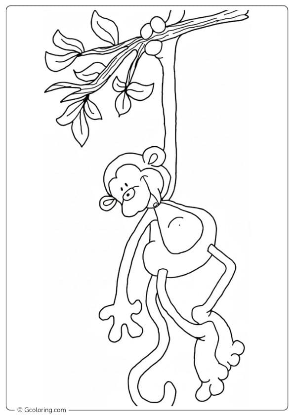 Cute Monkey Swinging on Branch Jungle Animals Coloring Pages