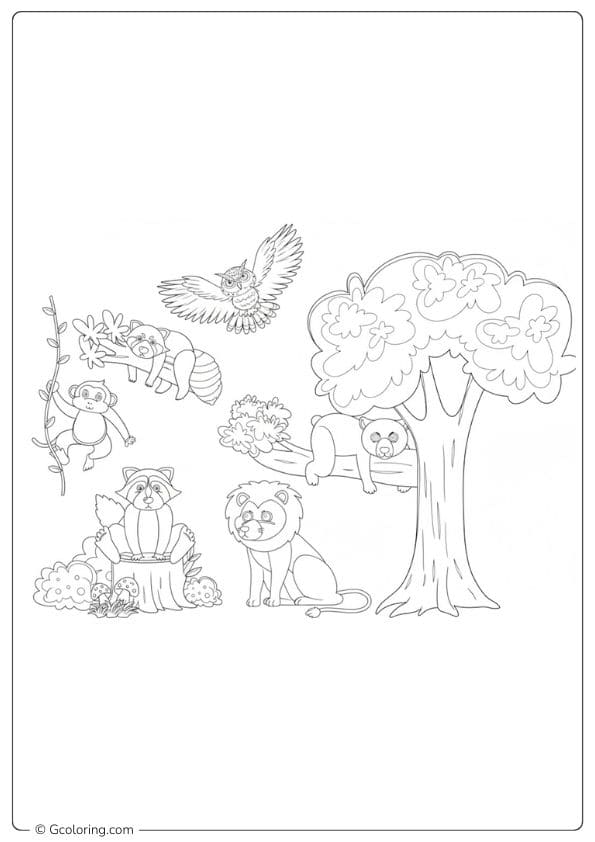Cute forest animals coloring pages with lion, monkey, and owl