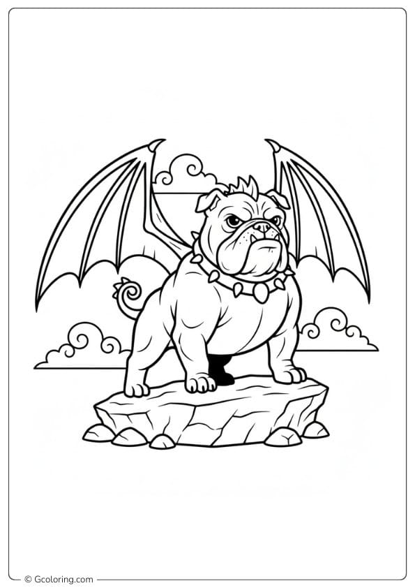 Fantasy bulldog coloring page with dragon wings