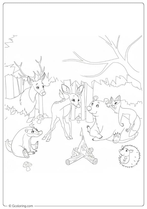 Forest animals coloring pages Friends around the campfire