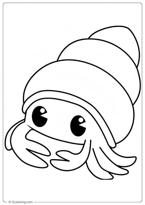 Friendly hermit crab in a shell coloring page of ocean animals