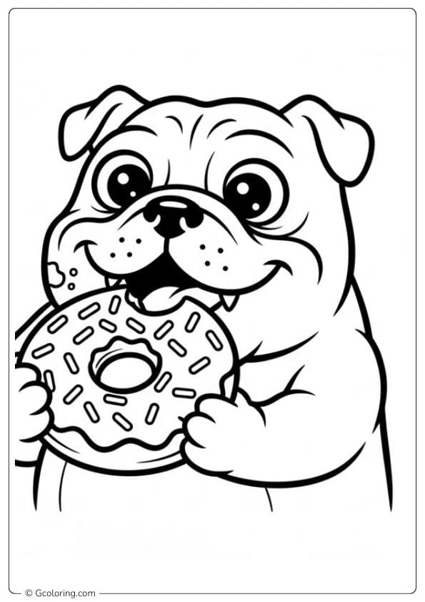 Funny bulldog coloring page eating a donut