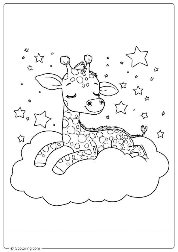 Giraffe is sleeping peacefully on a fluffy white cloud Coloring Pages
