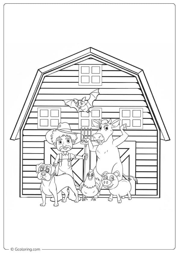 Minimalist Farm Animals Coloring Pages with Farmer and Barn