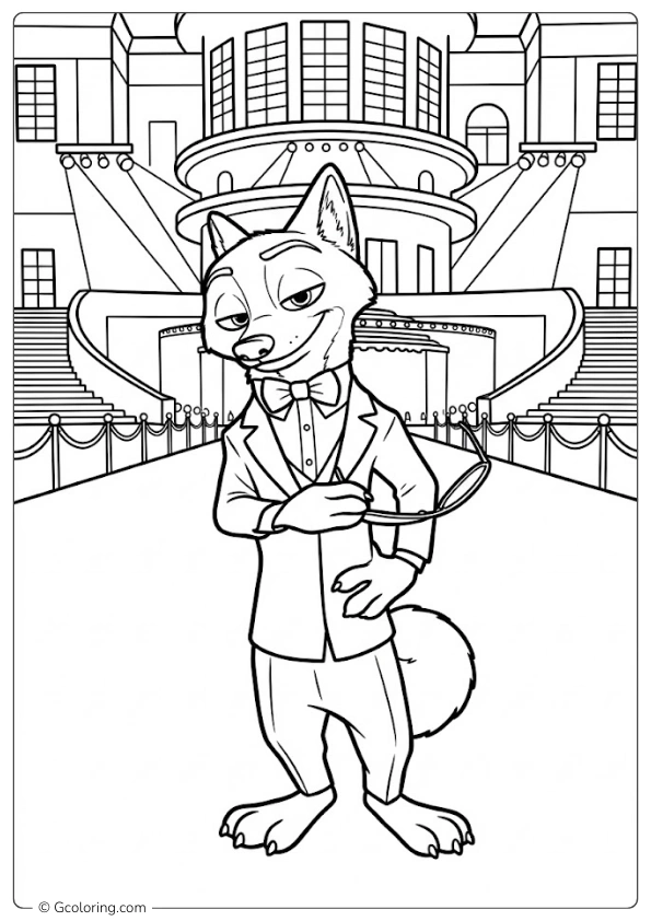 Nick Wilde poses in a tuxedo on a red carpet Coloring Pages
