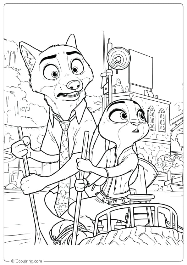 Nick and Judy look surprised while paddling a small boatColoring Pages