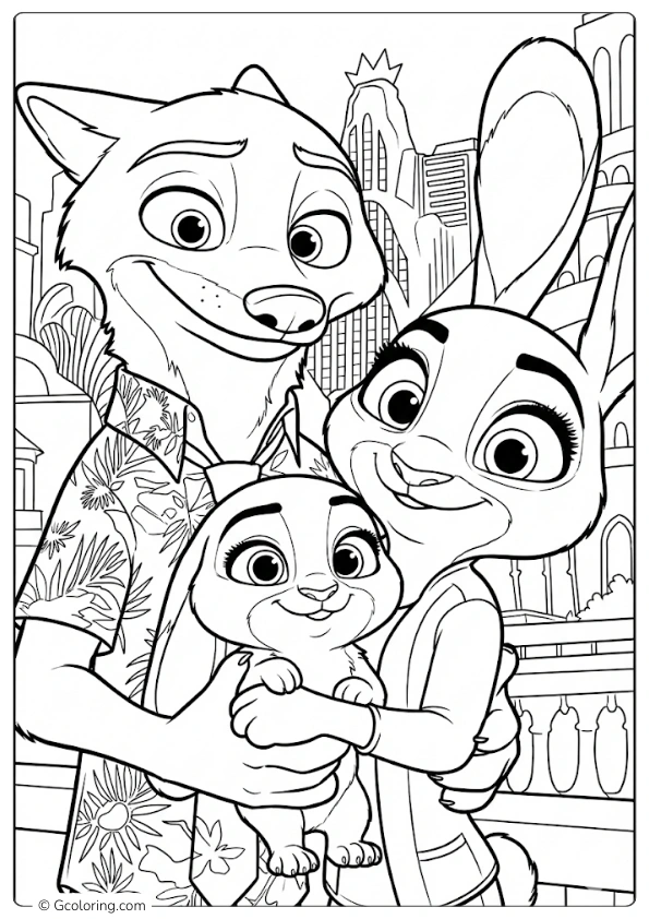 Nick and Judy pose happily with an adorable baby bunny Coloring Pages