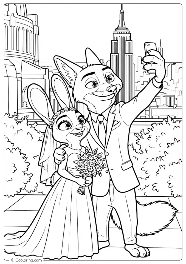 Nick and Judy take a wedding selfie Coloring Pages