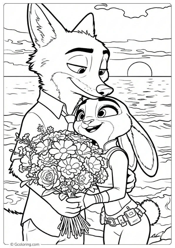 Nick embraces Judy at sunset Coloring Pages