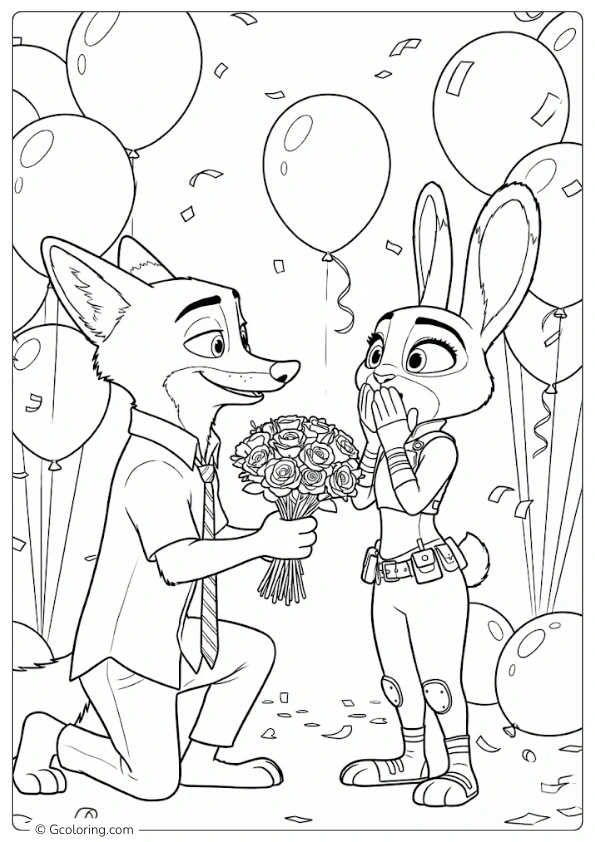 Nick proposes to Judy with a bouquet of pink roses Coloring Pages
