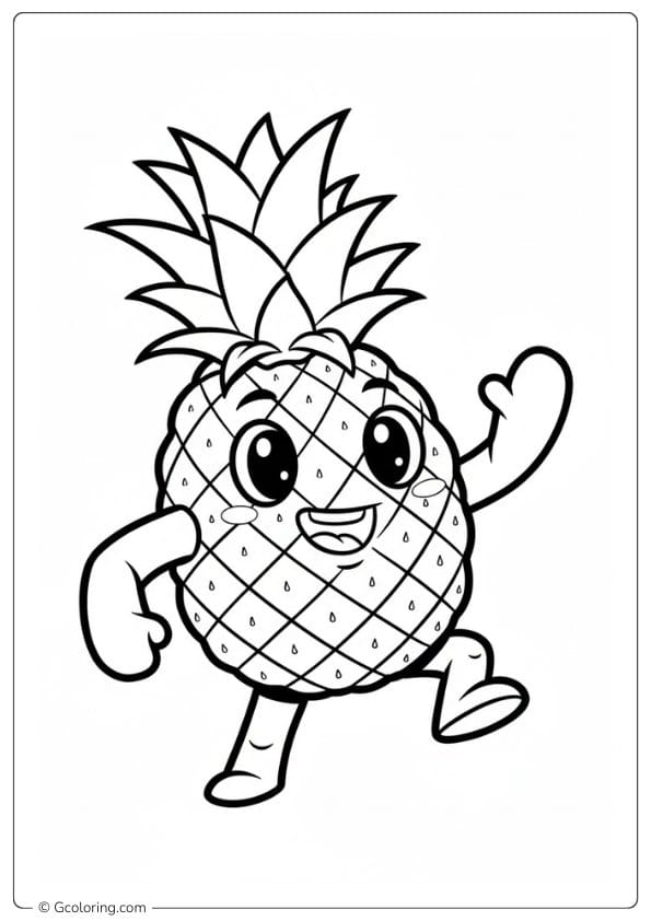 Pineapple coloring page cartoon pineapple waving hand