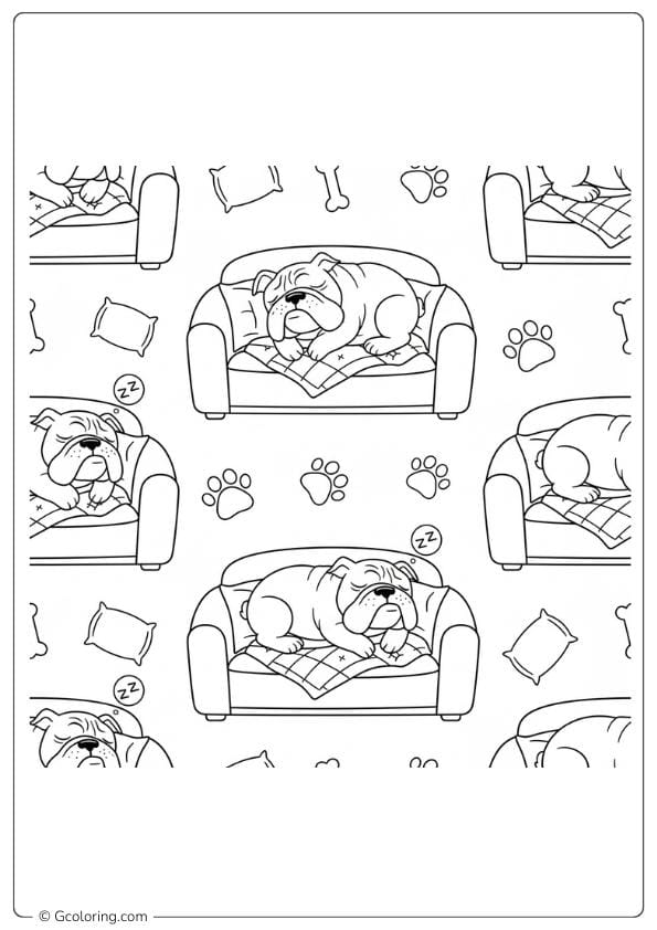 Relaxing bulldog coloring page sleeping on a sofa