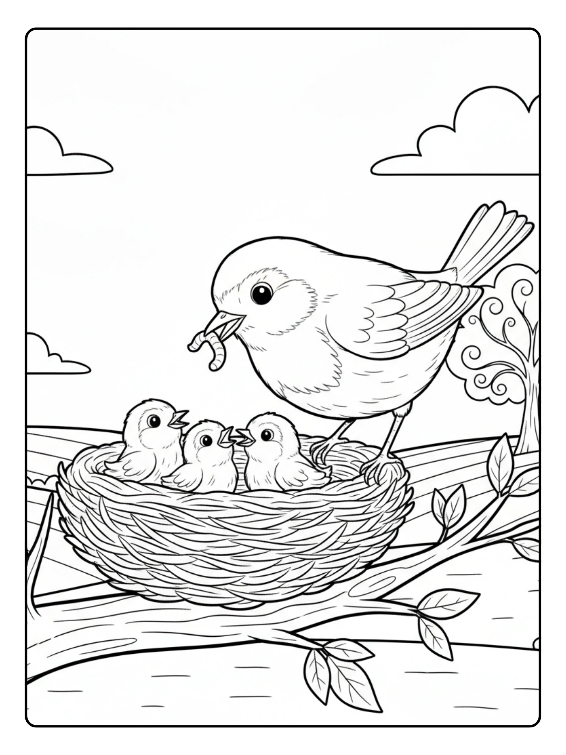 Robin Coloring Pages Feeding Baby Chicks