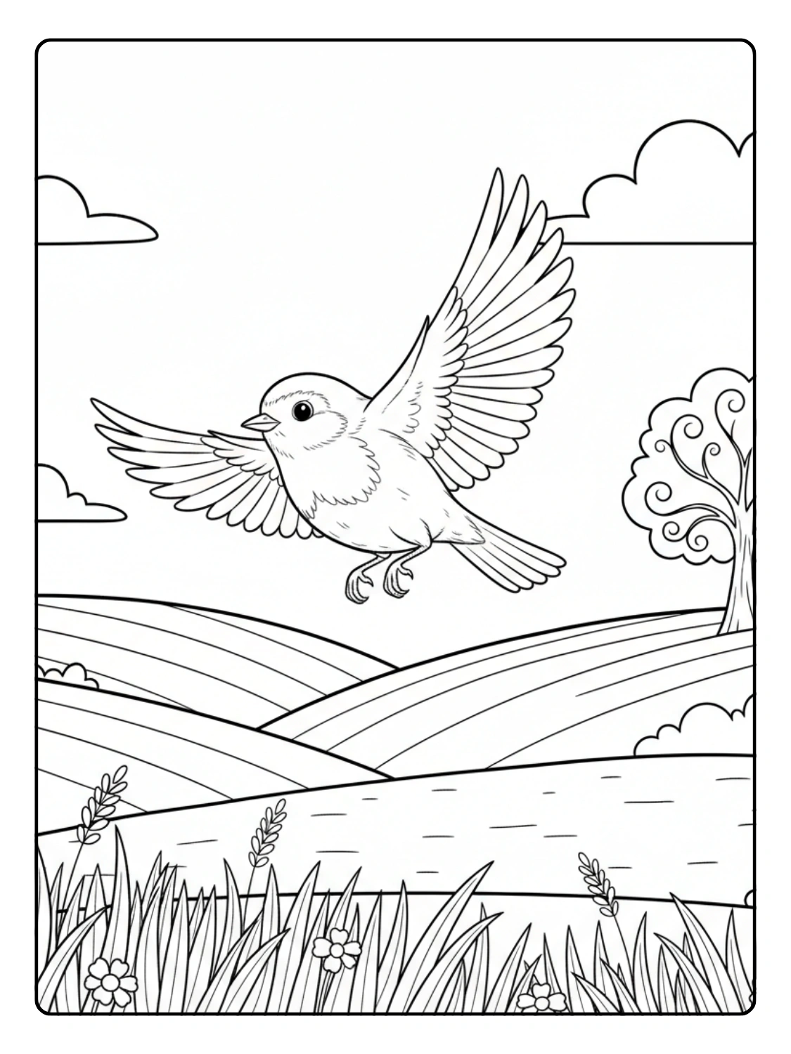 Robin Coloring Pages Flying Over Meadow