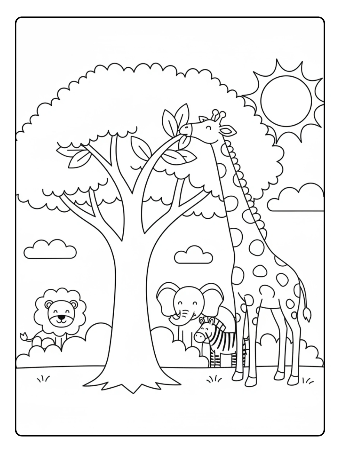 Safari Animals Coloring Pages Giraffe Eating Leaves High Tree