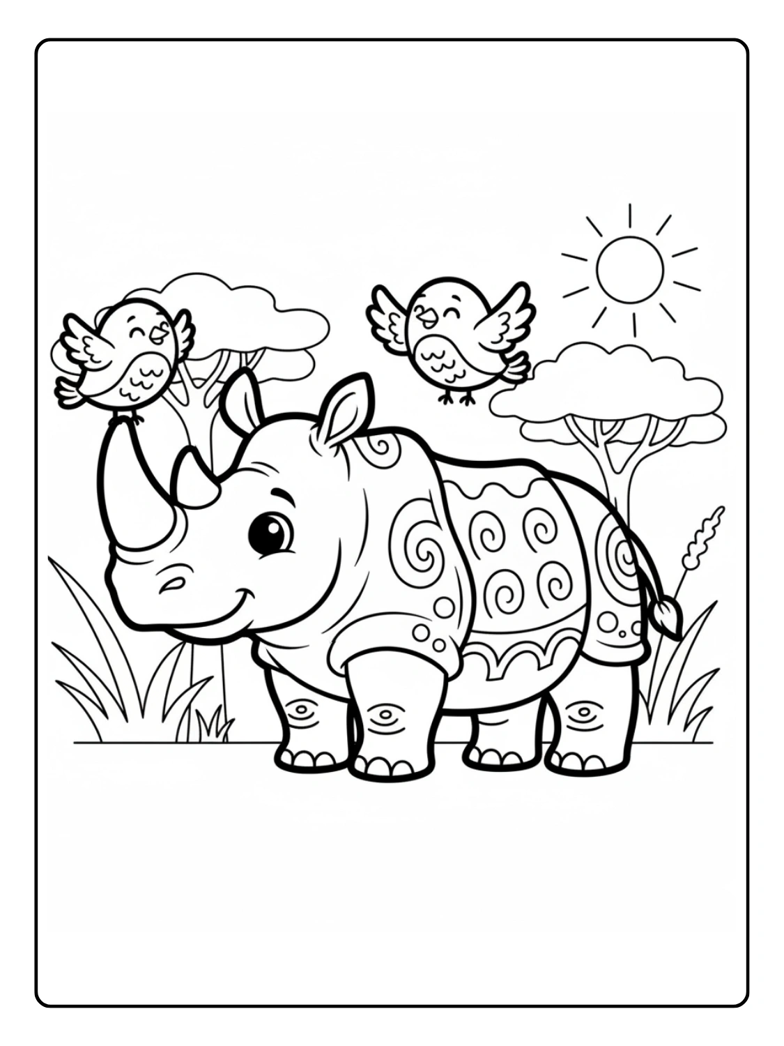 Safari Animals Coloring Pages Rhino and Bird Friends