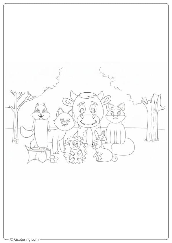 Simple Forest Animals Coloring Pages Cow and Friends