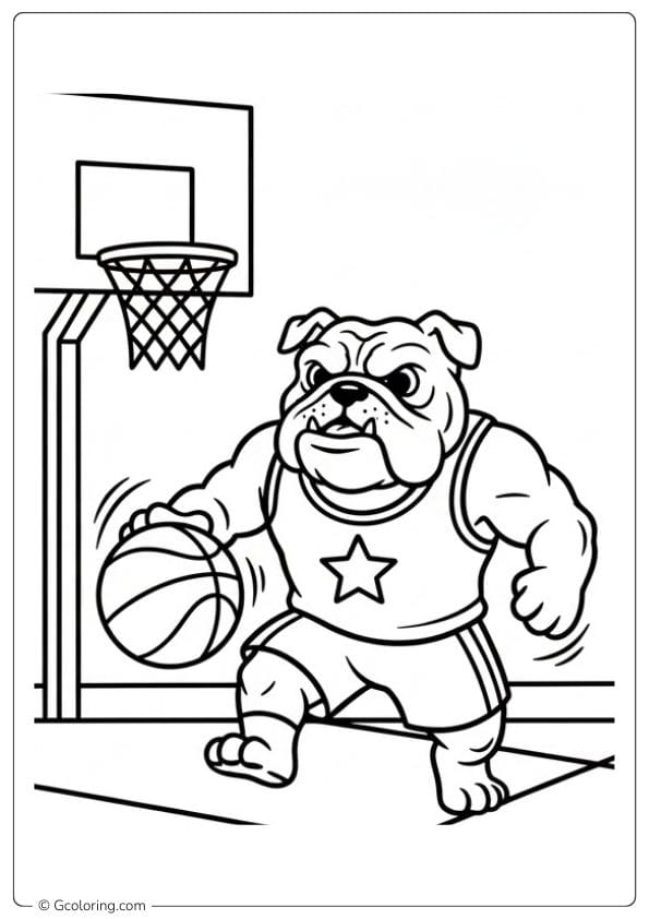 Sporty bulldog coloring page playing basketball