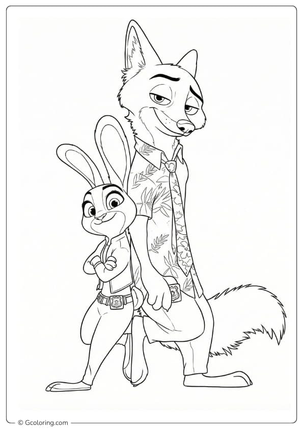 Zootopia 2 Coloring Pages Judy Hopps and Nick Wilde stand back to back