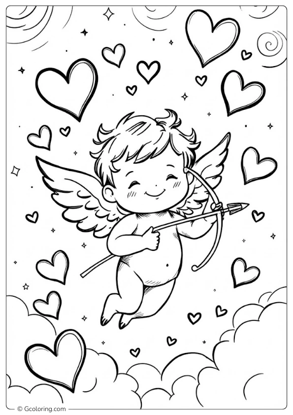 A cute cupido flies among many hearts coloring pages​