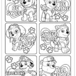 A six panel Paw Patrol Valentine coloring page