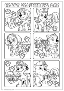 A six panel Paw Patrol Valentine coloring page