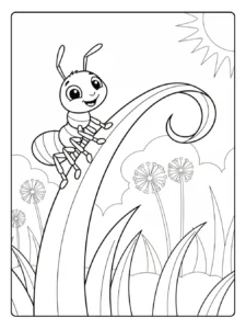 Ant Coloring Page Climbing a Grass Blade