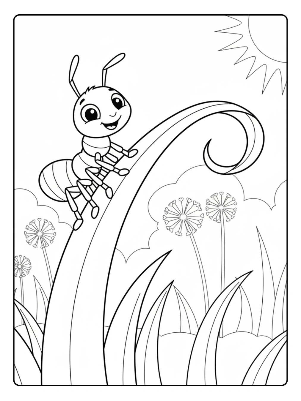 Ant Coloring Page Climbing a Grass Blade