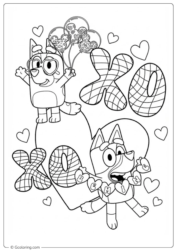 Bluey and Bingo celebrate Valentine's Day with XOXO decorations Coloring Pages