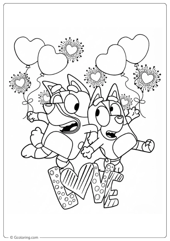 Bluey and Bingo celebrating love with heart balloons Valentines Coloring Pages
