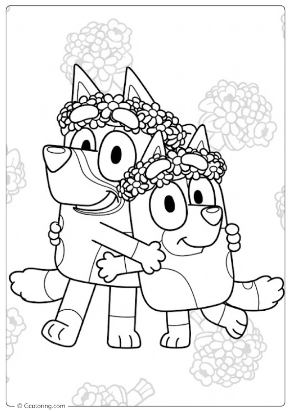 Bluey and Bingo sharing a loving hug Coloring Pages