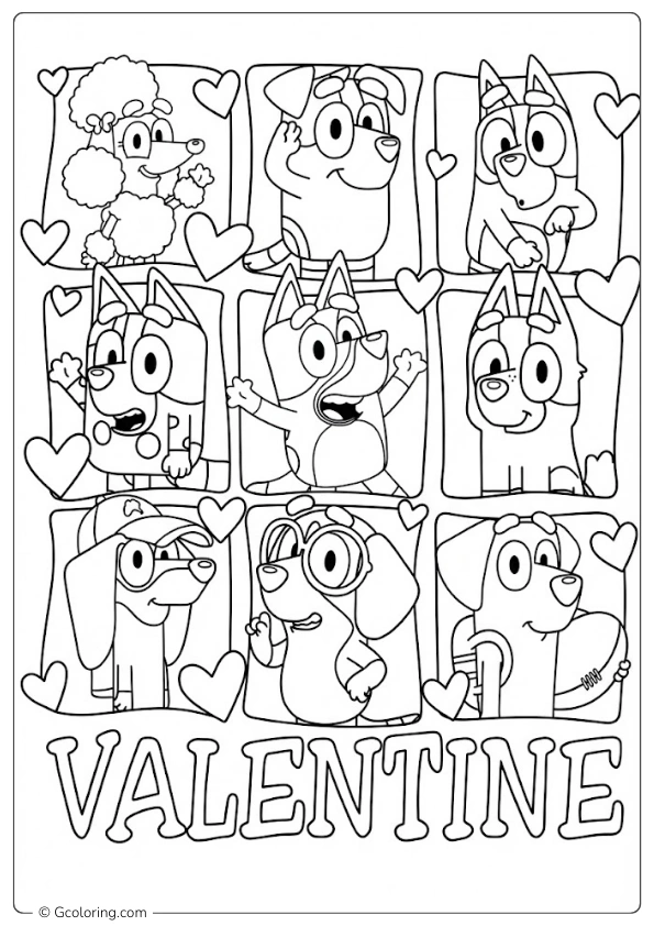 Bluey and friends celebrating Valentine's Day Coloring Pages