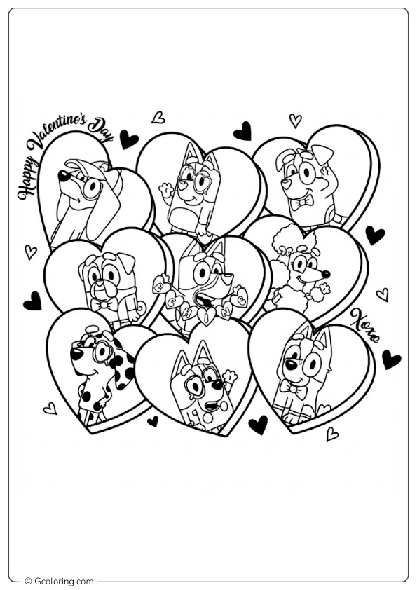 Bluey and her friends are featured in heart shape frames for a Happy Valentine's Day celebration Coloring Pages