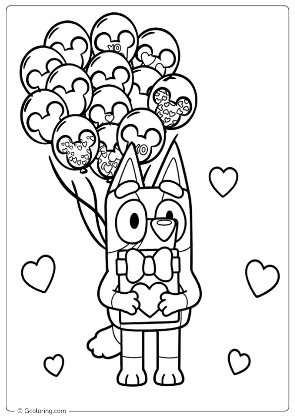 Bluey holds a special Valentine's gift and a bunch of Mickey Mouse balloons Coloring Pages