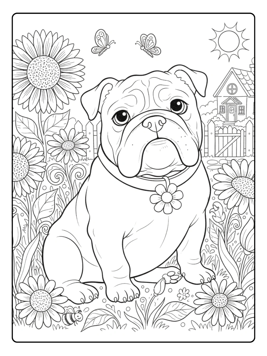 Bulldog Coloring Page In the Garden