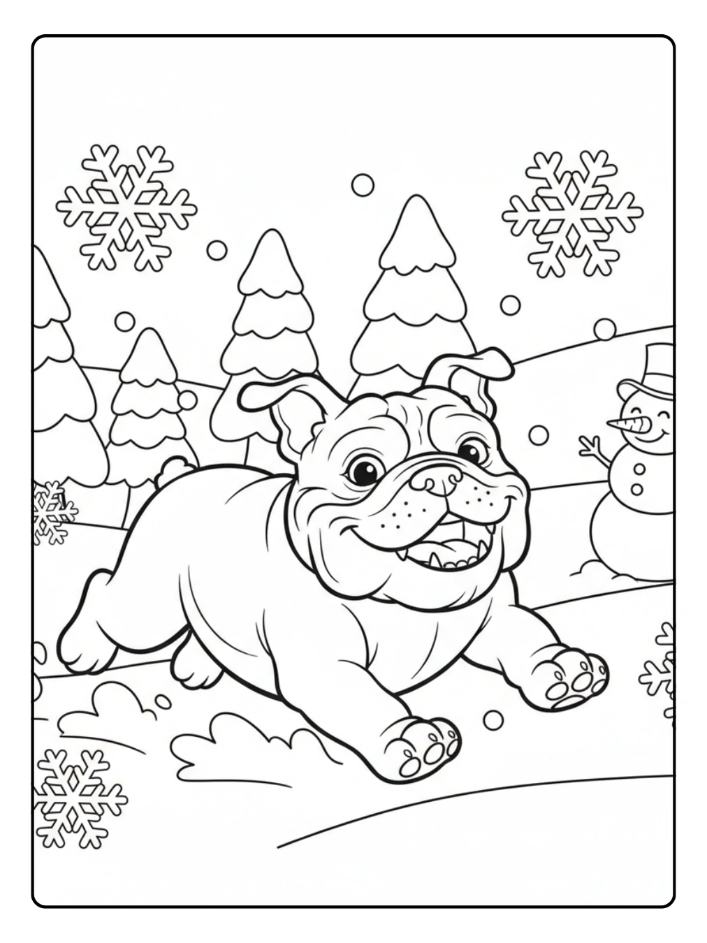 Bulldog Coloring Page Playing in Snow