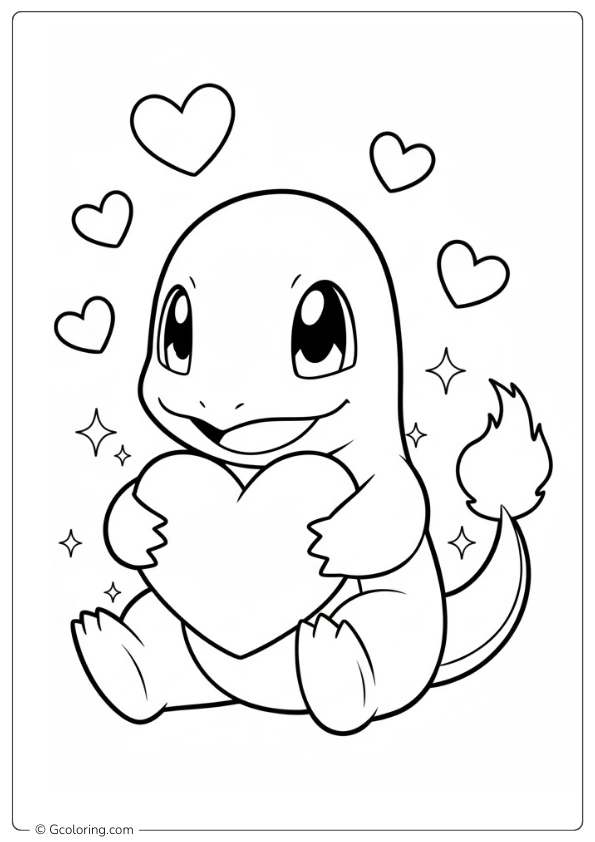 Charmander holding a Valentine heart Coloring Pages