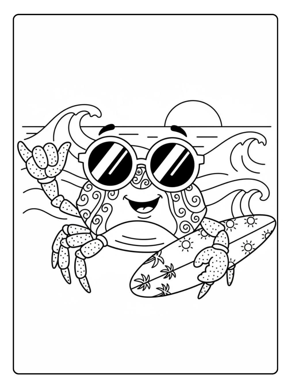 Crab Coloring Page Crab with Sunglasses & Surfboard