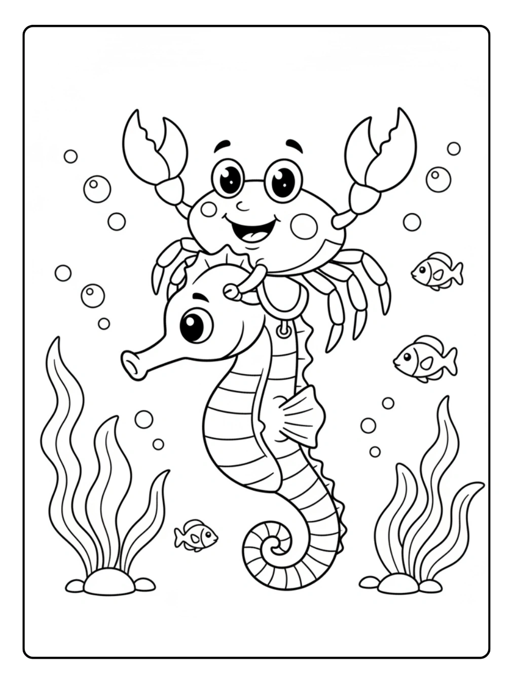 Crab Coloring Page Riding a Seahorse