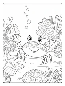 Crab Coloring Page With Starfish and Coral Reef