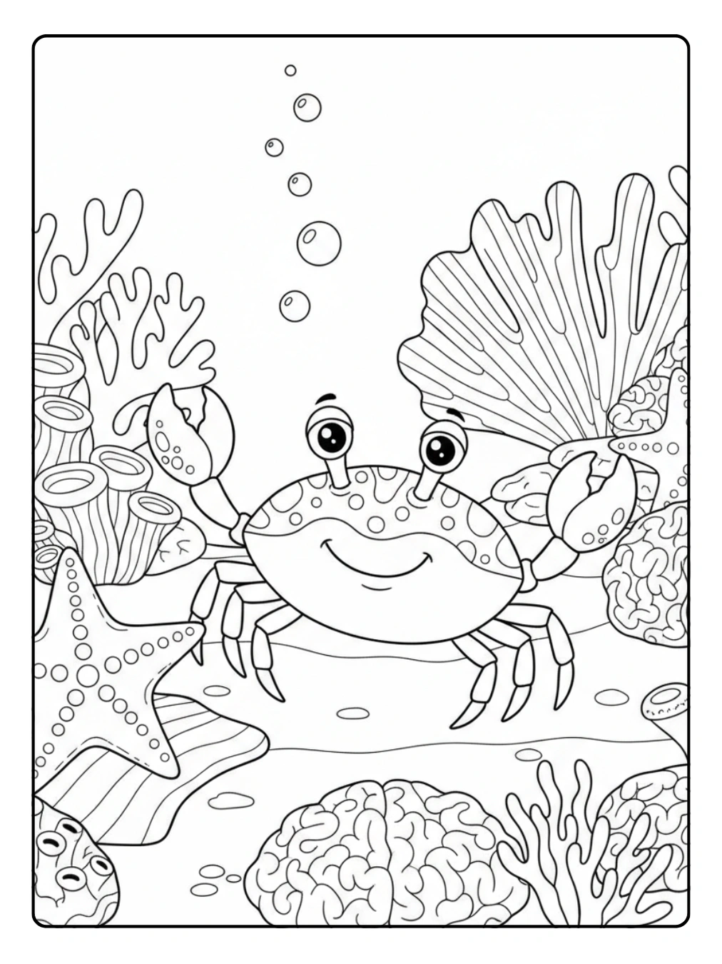 Crab Coloring Page With Starfish and Coral Reef