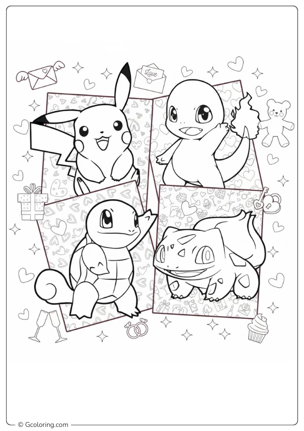 Cute Pokémon starters celebrate a happy Valentine's Day together Coloring Pages